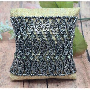 Wide Stretch Bracelet Black Gun Metal Statement Filigree & Rhinestones One Size